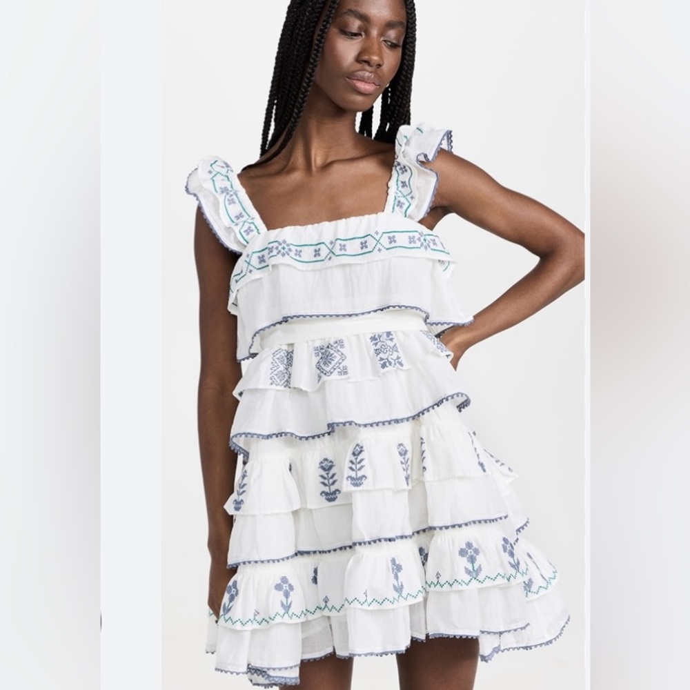 NWT INNIKA Choo Layered Cross Stitch Mini Embroidered Dress White Blue Sz(3)LG